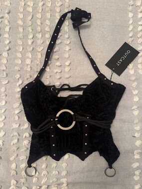 OUTCAST Black Velvet Ring-Accent Halter Corset Camisole